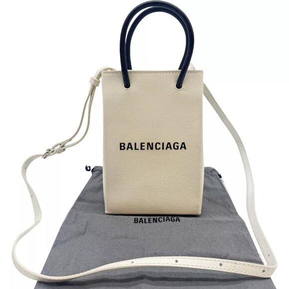 Auth BALENCIAGA Mini Shopping Tote Bag Cross Body Bag White Leather #36635956 - Picture 1 of 12